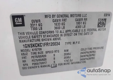 2015 Chevrolet Tahoe Ltz from USA, damaged, VIN 1GNSKCKC1FR126634